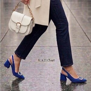 Nicole Miller New York Melrose Blue Faux Suede Slingback Block Heel Pumps 10 NWB